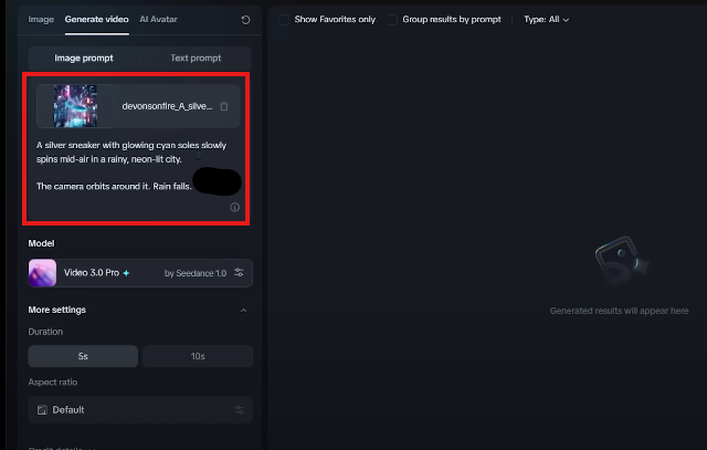 Uploading image and writing text prompt in Dreamina AI