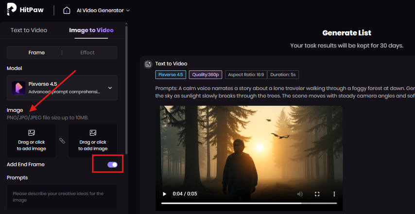 Uploading image to generate video