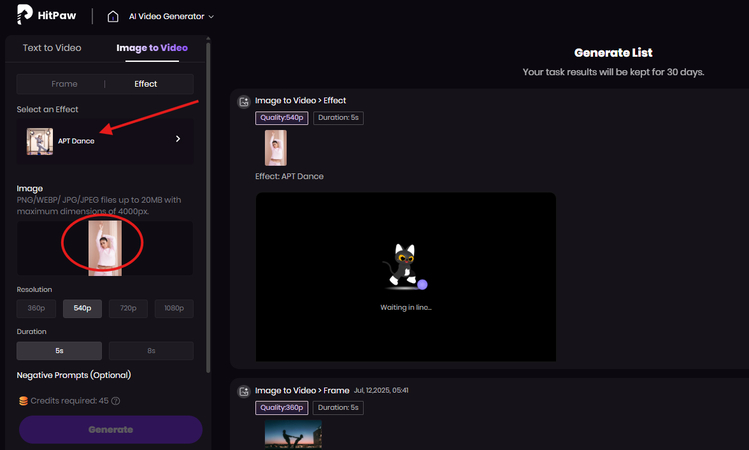 Uploading image to the HitPaw AI Video Generator for the APT dance video