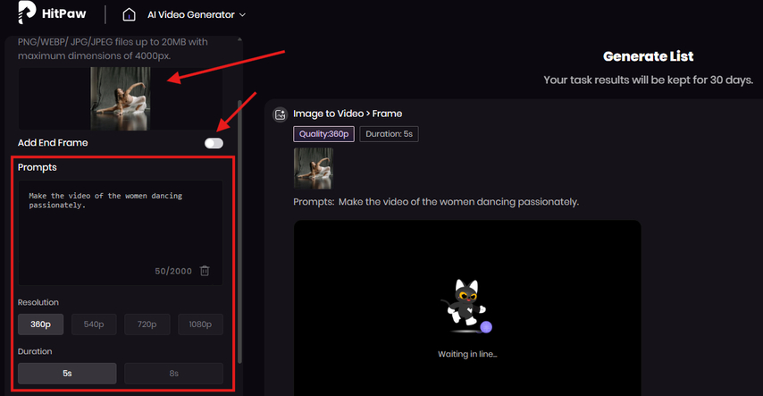 Uploading images and entering text prompt