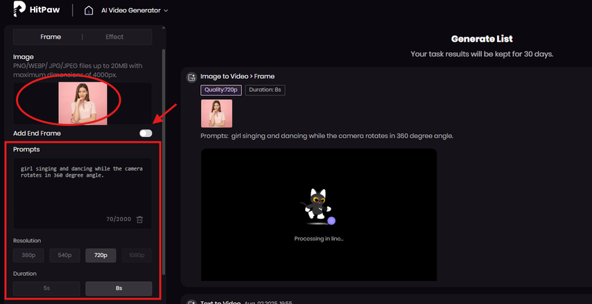 Uploading images, entering text prompts, and customizing settings for the generated video
