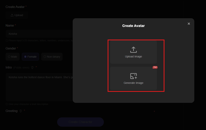 Uploading or generating an image for AI Character creation in Pollybuzz AI