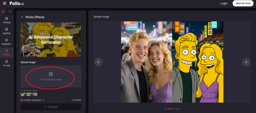 Uploading photo to Pollo AI Simpsons character creator