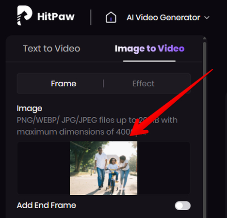Uploading the first image in HitPaw Online AI Video Generator