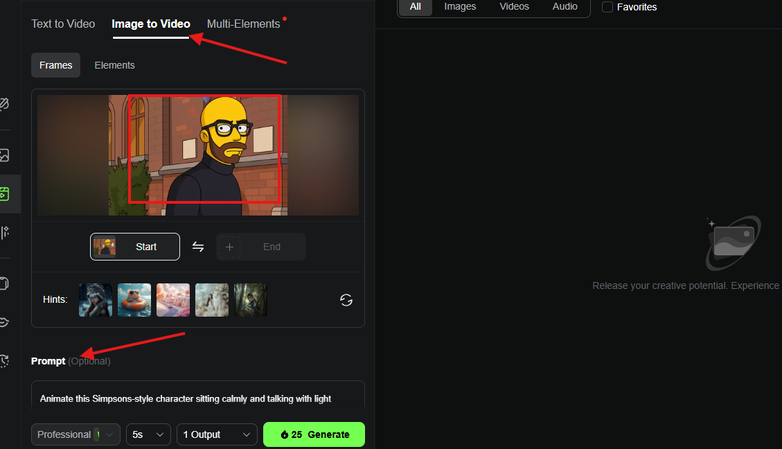 Uploading the Simpsons character and writing a prompt in Kling AI