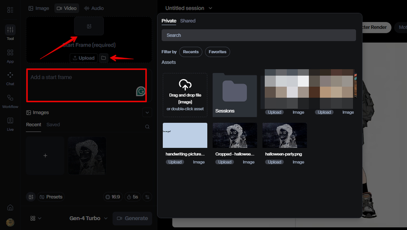 Uploading the start frame to Runway AI Image to Video