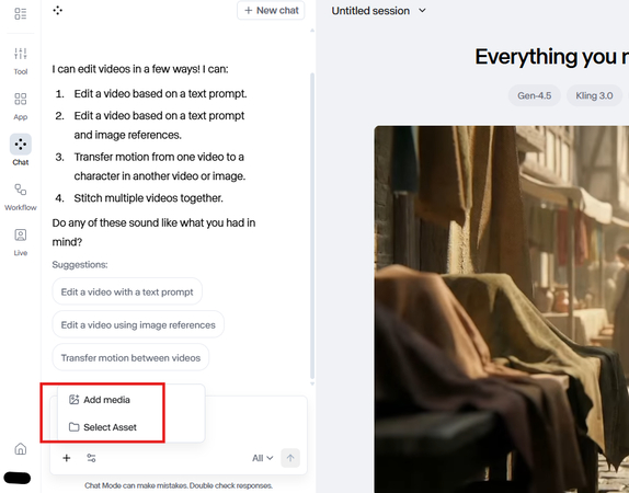 Uploading the video in Runway Chat mode