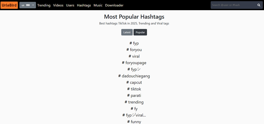 Análise de hashtags em tendência do TikTok pelo Urlebird