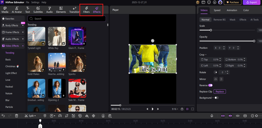 Using filters and effects for the reverse Snapchat video