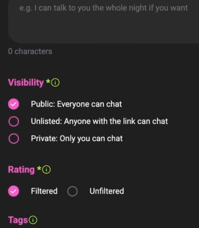 Using visibility, ratings, and tags for the AI character