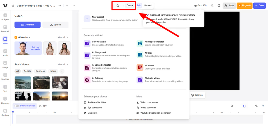 start project in veed io ai video generator