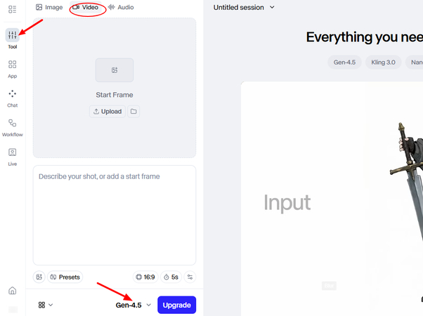 Video section in Runway AI Text to Video