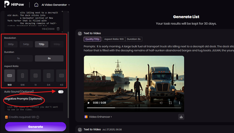Video settings in the HitPaw AI Video Generator