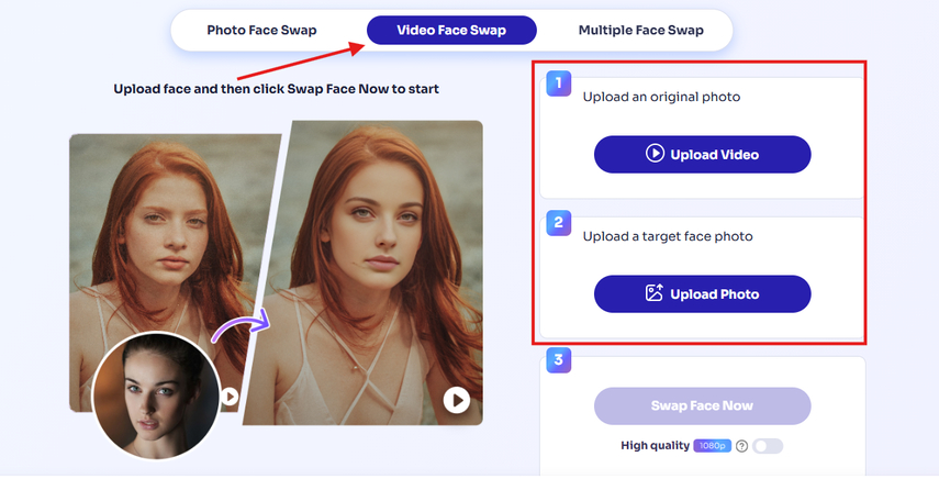 Vidqu AI Face Swap in a video using an uploaded photo