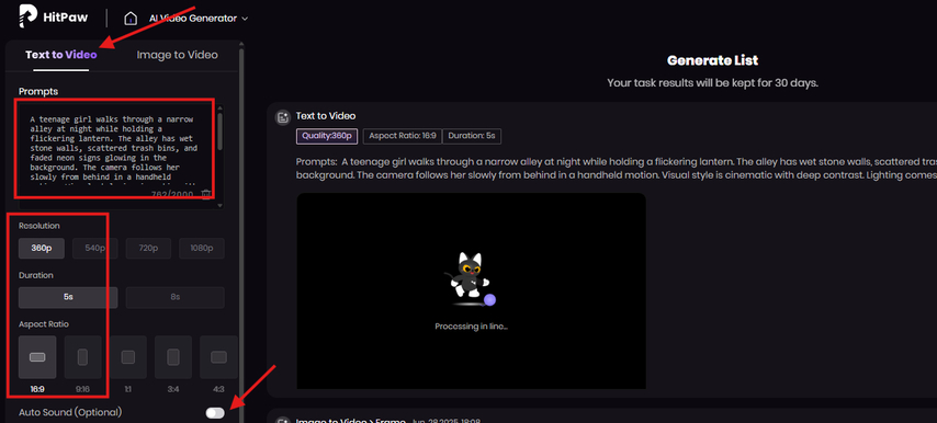 Writing a text prompt in HitPaw AI Text to Video Generator