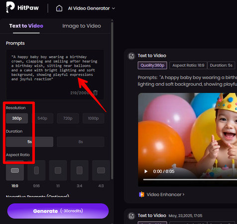 Writing a text prompt to create an AI baby birthday video