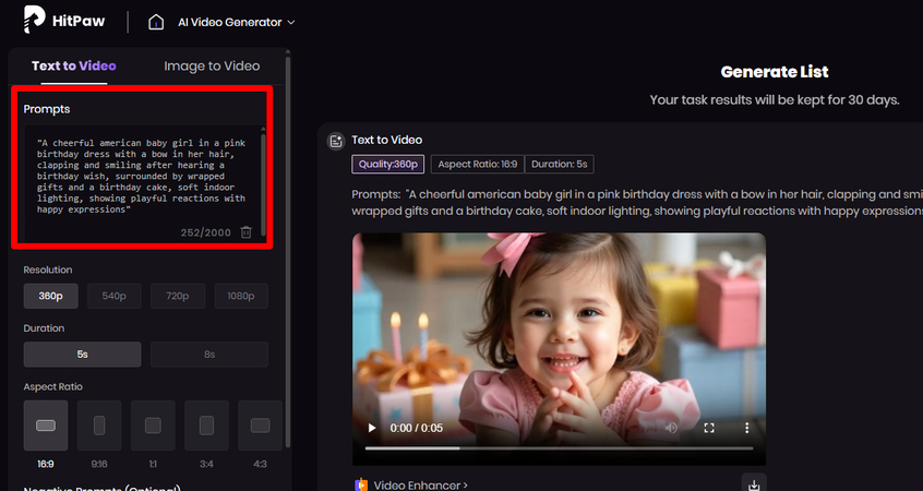 Writing a text prompt to create an AI baby girl birthday video