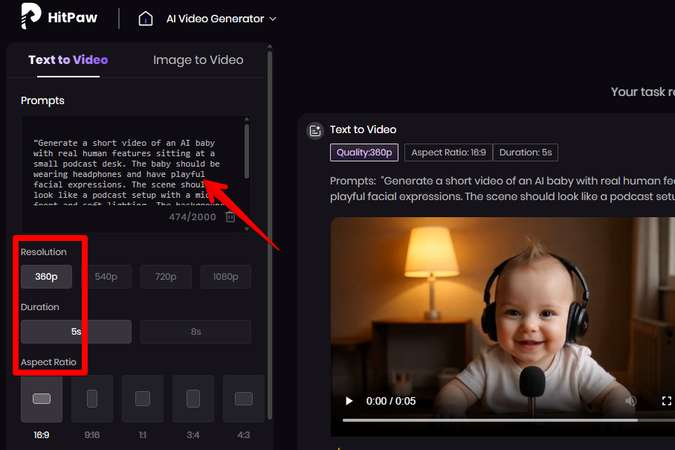 Writing a text prompt to create an AI baby video for a podcast