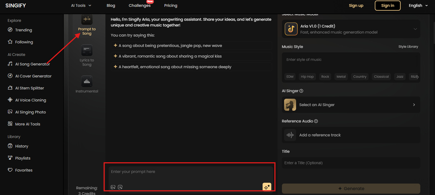 Writing prompts to make phonk music in Singify