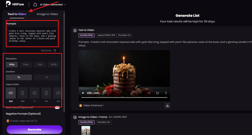 Writing text prompt and adjusting video settings for the AI cake