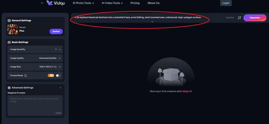 Writing text prompt in Vidqu AI Image Generator