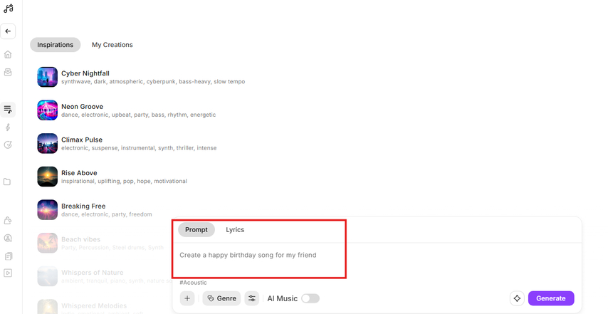 Writing text prompts and pasting lyrics for phonk music in Imagine Art