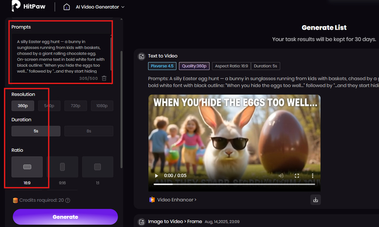 Writing text prompts and setting video adjustments for the funny Easter meme AI Video