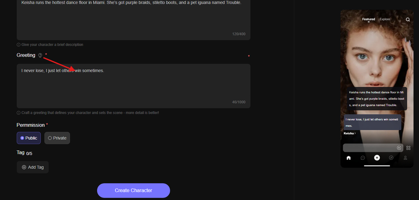 Writing the first greeting line for the AI character in Pollybuzz AI